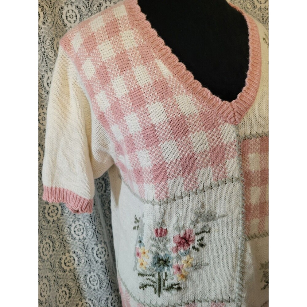 Vintage 90s Knit & Pearl Collectibles Patchwork Sweater Large Cotton Ramie Pink - Picture 2 of 16